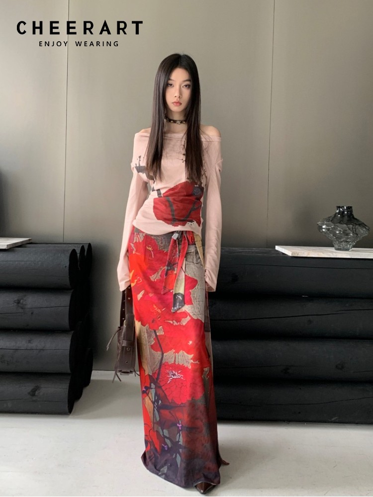Summer Clothing Wraps - Cheerart ヴィンテージレッドメッシュロングスカート女性のためのレースアップラップマキシスカート日本のファッションの高級デザイナー女性服