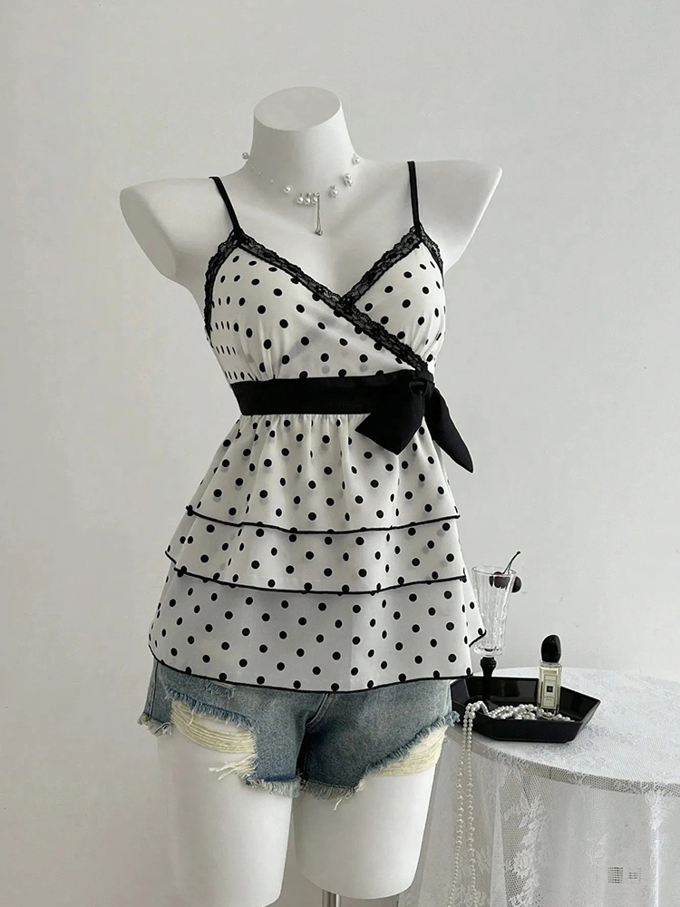 Summer Clothing For 60 Year Old Woman - フレンチスタイルのレトロなレースパッチワーク、カラーブロックのリボン、水玉模様のキャミソール、甘くて若々しくスタイリッシュな、スリムなバケーション向け高級トップス、女性用婦人服