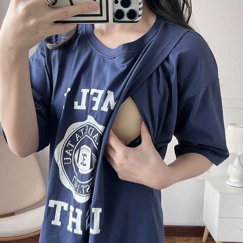 Summer Clothes - 授乳服妊娠中の授乳ロング Tシャツナイトガウン女性夏マタニティルーズ授乳服妊娠ホーム服