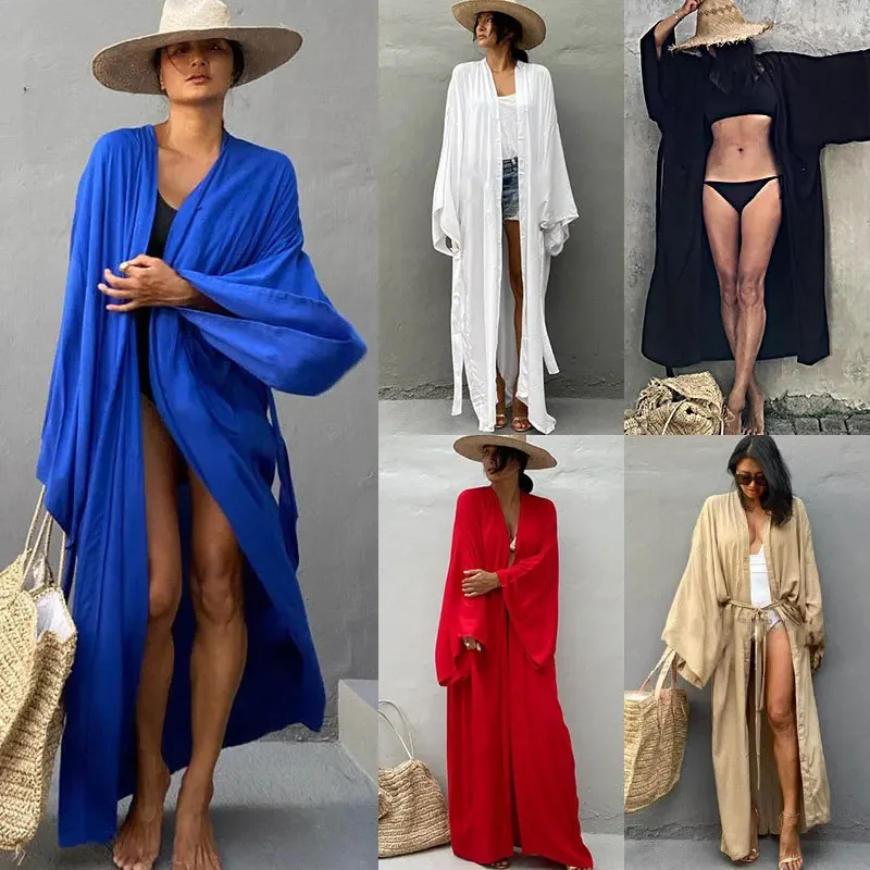 Summer Clothing Wraps - 着物女性ビーチウェアカバーアップカーディガンローブデプラージュソリッドビキニカバーアップロングセクシーベルト付きサマーラップドレスボヘミア