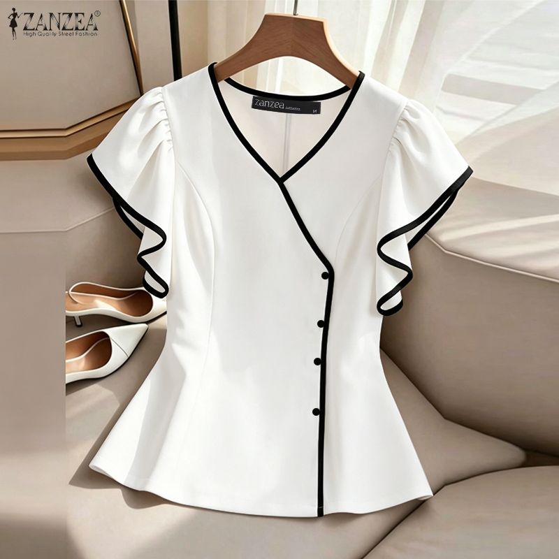 Summer Clothing Wear - ZANZEA 女性エレガントなコントラストトリムブラウス夏 V ネックフリル半袖ソリッドカラートップス通勤オフィスウェア Blusas Mujer