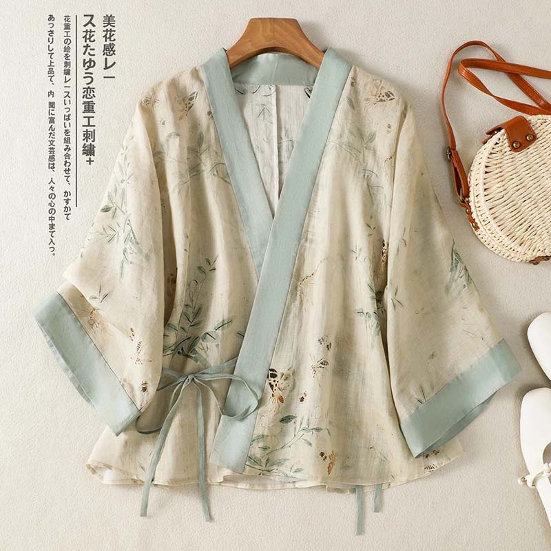 Summer Clothing Wraps - ヴィンテージ花柄プリントショート着物カーディガン女性春夏ラップシャツブラウス中国風の服カバーアップコットントップ