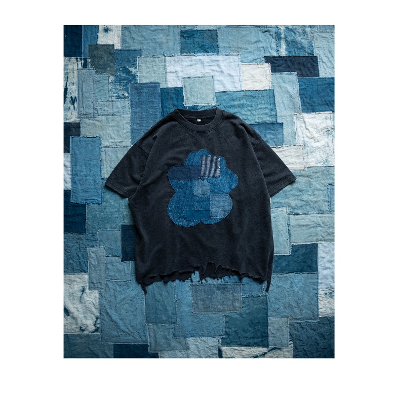 Summer Clothing Drop - ハイストリート ハンドメイド インディゴ染め パッチワーク 半袖Tシャツ メンズ