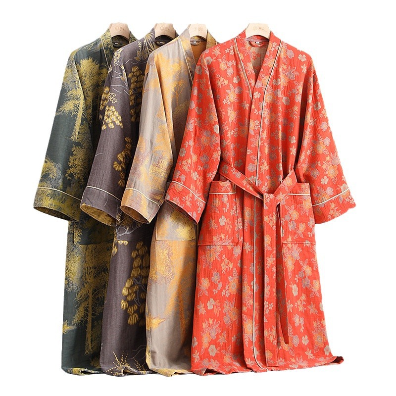Summer Gauze Clothing - 春夏純綿二重ガーゼバスローブ薄い染め生地ホーム服カップル和風着物ローブパジャマ