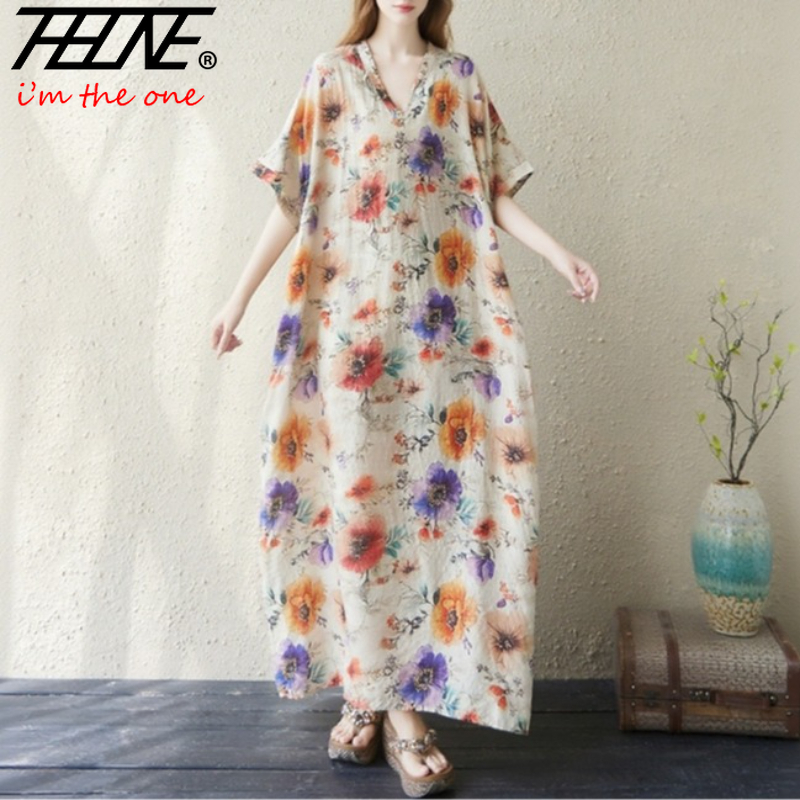 Indian Summer Vintage Clothing - 女性のためのヴィンテージフローラルプリントドレス,夏服,ルーズフィット,マキシ