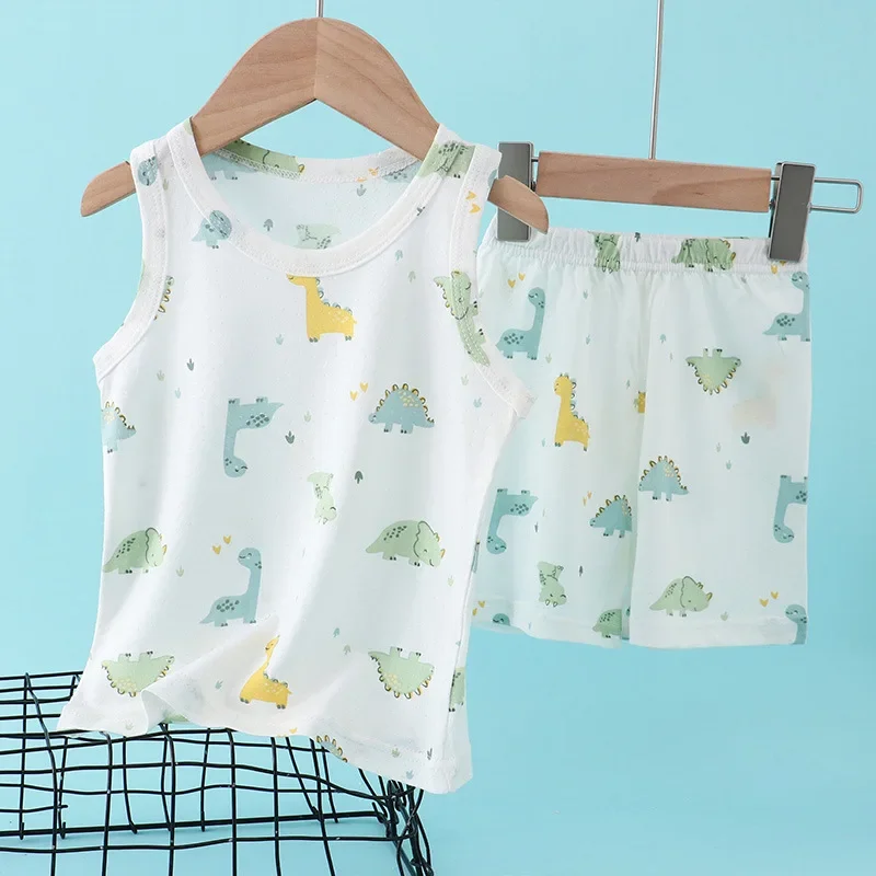 Summer Clothing Baby Boy - 子供竹綿ベストスーツ夏薄いノースリーブ服かわいい漫画プリント赤ちゃん男の子女の子 2 ピース衣装子供服