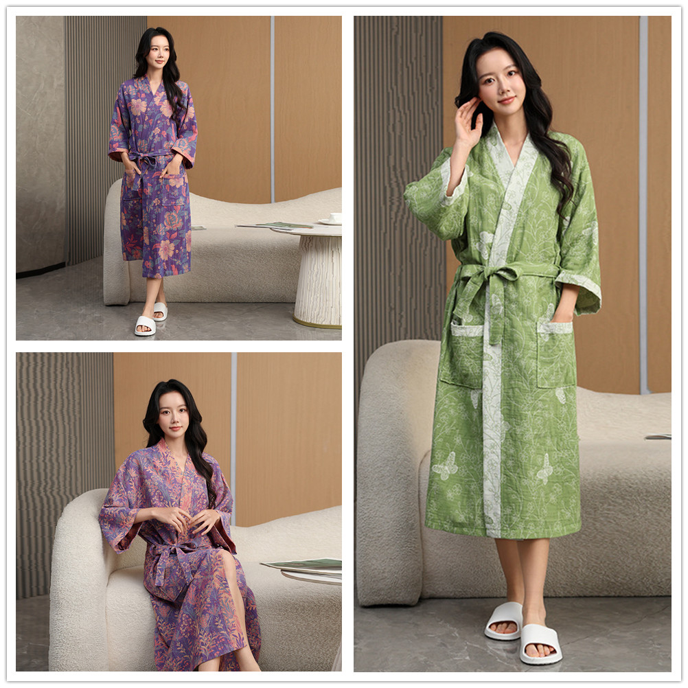 Summer Gauze Clothing - 春夏用コットン二重ガーゼバスローブ 薄手ホームウェア 和風着物ローブ パジャマ