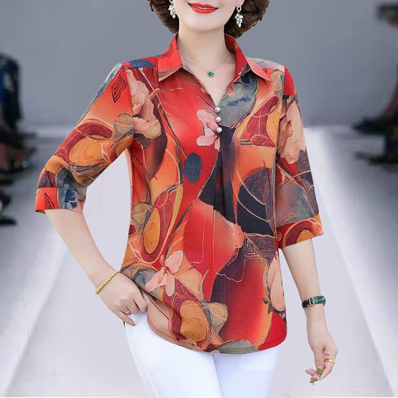 Summer Clothing For 60 Year Old Woman - 女性のためのヴィンテージフローラルプリントTシャツ,カジュアルな夏服,襟を折りたたんだブラウス,ボタン,ワイドスリーブ,エレガントなゆったりとしたブラウス