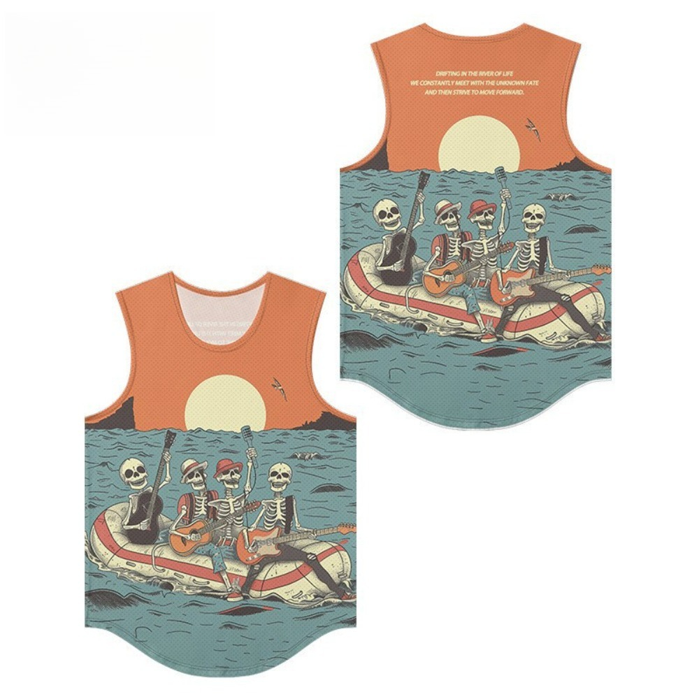 Summer Clothing Essentials Men - スケルトンバンドプリント男性ベストトレンディなスカル通気性ビーチエッセンシャルルーズフィットタンクトップアクティブウェアスポーツオーバーサイズ服