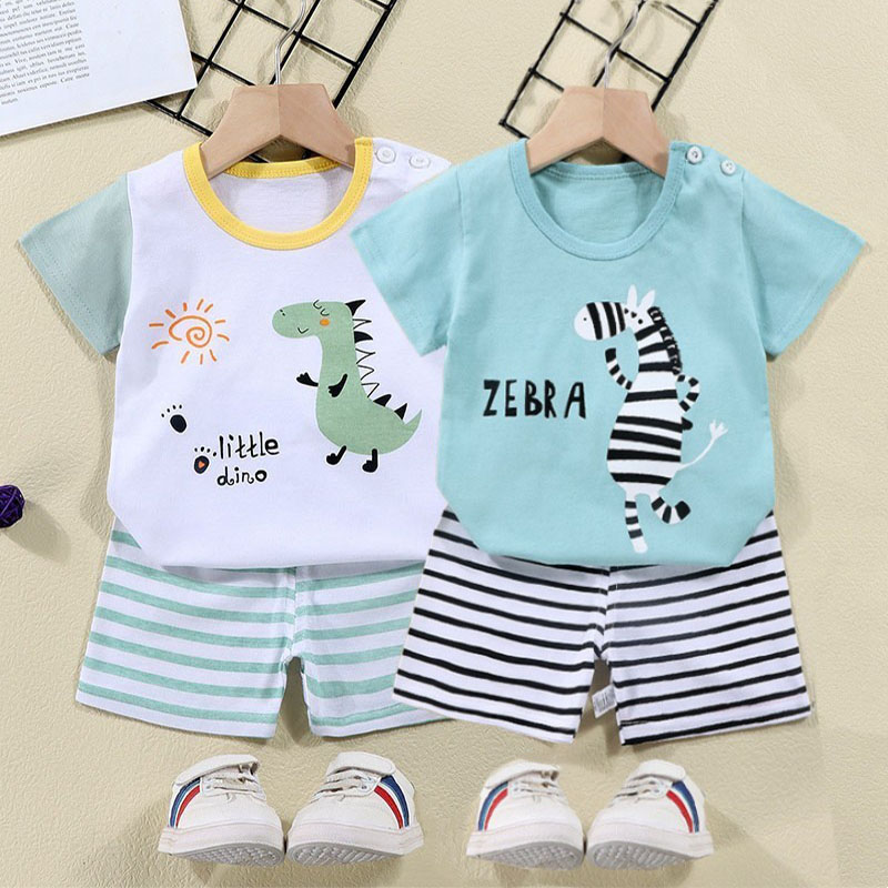 Summer Clothing Baby Boy - 綿 Tシャツ + ショーツ 2 ピーストラックスーツセット子供漫画ゼブラ恐竜プリント夏のスーツ子供男の子女の子ベビー