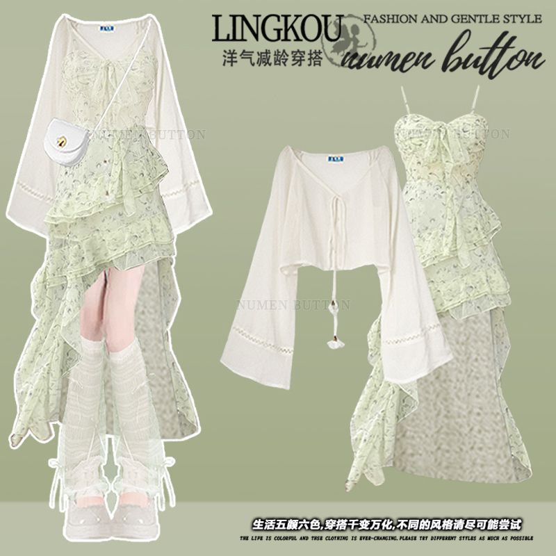 Summer Clothing Wear - 夏服セット レディース 日焼け防止服 グリーン花柄スリングドレス ツーピースセット