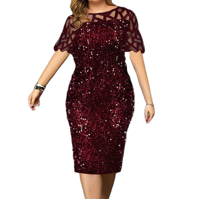 Summer Clothing For 60 Year Old Woman - 2022 女性の光沢のあるパーティードレス M-5XL サイズイブニング服 O ネックレース半袖シースヴィンテージスパンコールのウェディングドレスレディース