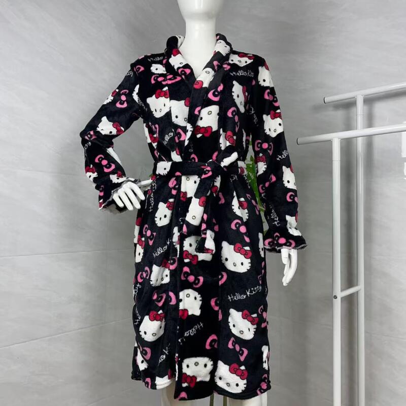Summer Clothes - ナイトガウン ハローキティ 新しい秋冬暖かいミッドレングスバスローブ女性用暖かいパジャマホーム服はローブの外でも着用可能