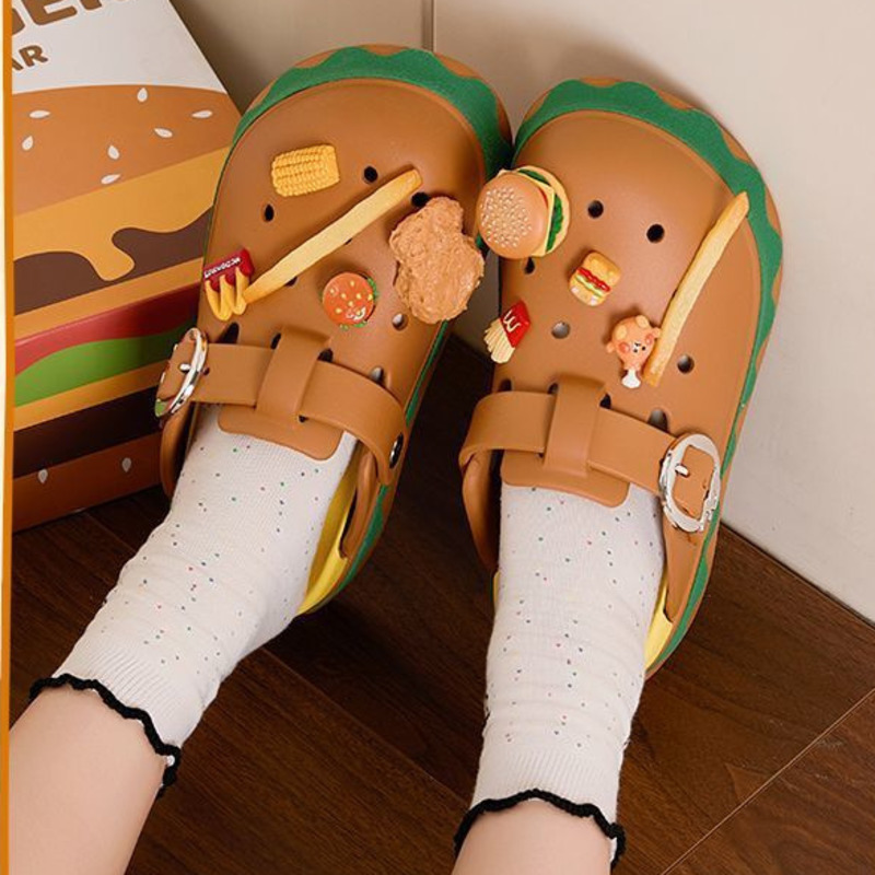 Summer Clothing Wraps - 面白いハンバーガー夏スリッパかわいい漫画アクセサリー靴防水スリッパコスプレ屋外サンダル足首ラップ EVA 靴