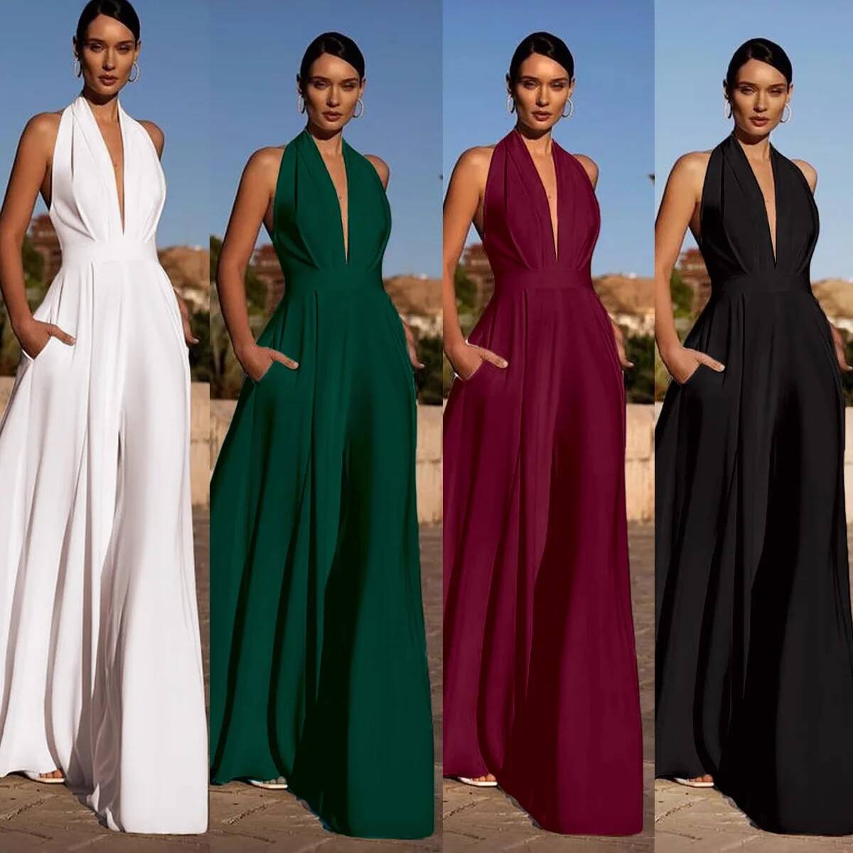 Summer Clothing For 60 Year Old Woman - オフィスレディセクシーなディープ V ジャンプスーツ婦人服ノースリーブホルタージャンプスーツ無地 V ネックワイドレッグパンツ夏のファッション