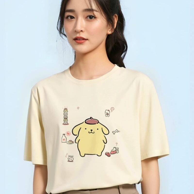 Summer Clothes - サンリオ半袖Tシャツ、ポムポムプリン女の子夏痩身漫画かわいい純綿ルーズフィット服レジャートップス