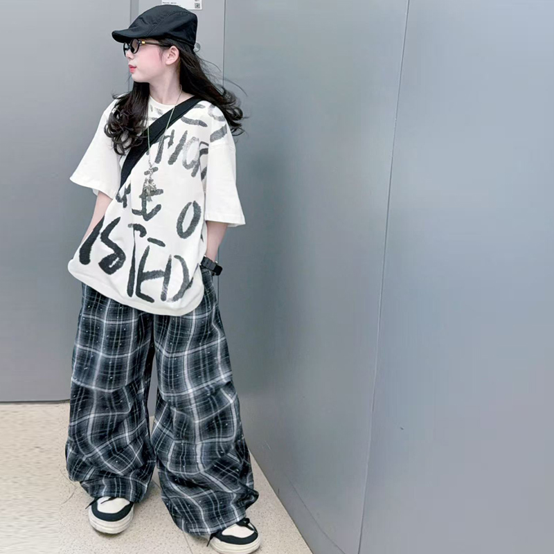 Summer Clothing Drawing - 夏の女の子向けヒップホップグラフィティプリントTシャツ、オーバーサイズTシャツ、ラインストーン付き格子柄ワイドレッグパンツ、キッズストリートウェア、ルーズな子供服
