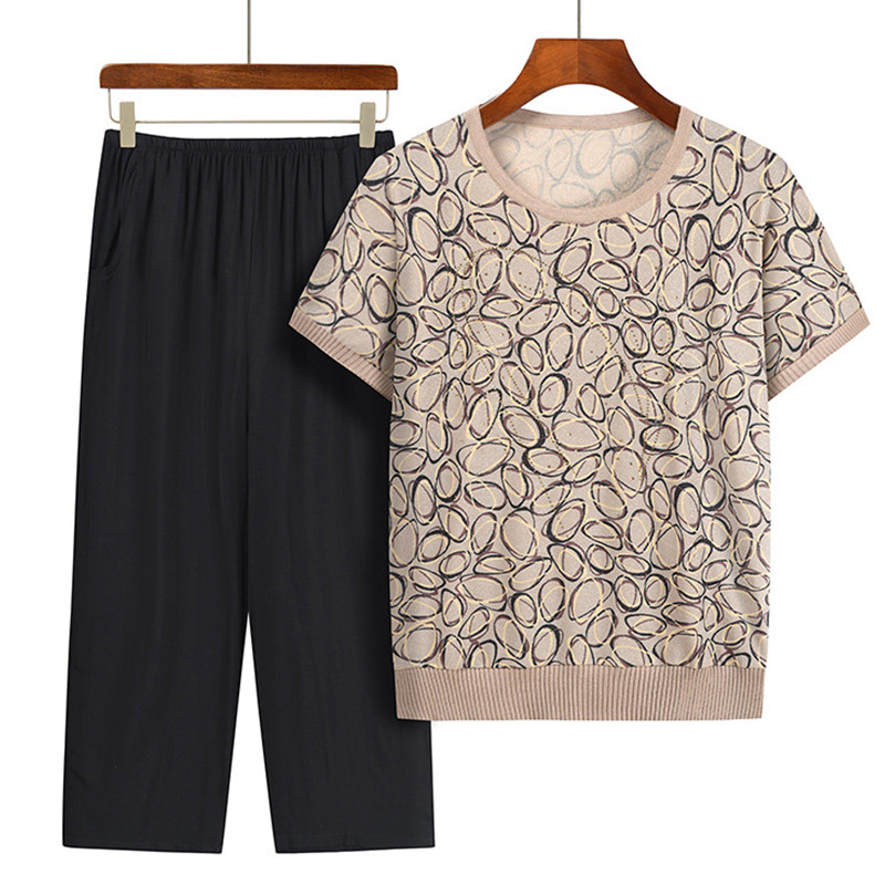 Summer Clothing For 60 Year Old Woman - おばあちゃん-ツーピースの女性用カジュアルウェアセット,半袖トップパンツ,ラウンドネック,サイズ4XL