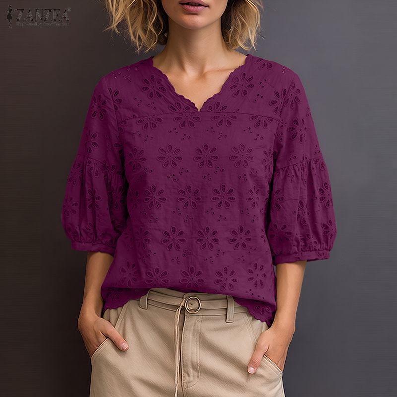 Summer Clothing Wear - ZANZEA 2026 アイレット刺繍ブラウス女性 V ネックランタンスリーブソリッドパッチワークトップス夏カジュアル休暇日常着ブラウス