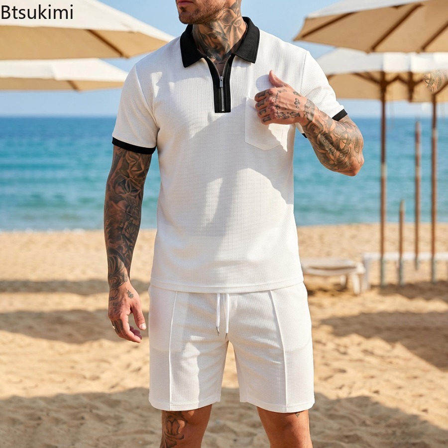 Summer Clothing Wear - メンズワッフルカラーポロ半袖ショーツセットビーチ休暇カジュアルセット夏のストリートウェア日常着セットファッション男性服