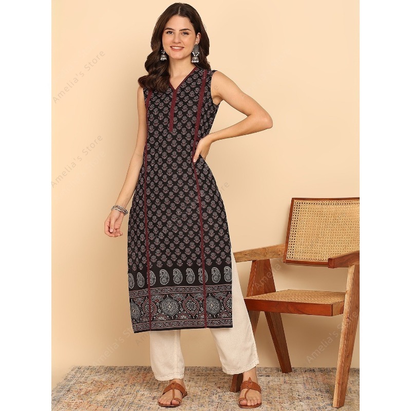 Summer Clothing India - インド民族風レディースブラックグリーンコットン クルタチュニックトップ ノースリーブペイズリープリント サマーウェア カジュアルクルティドレス