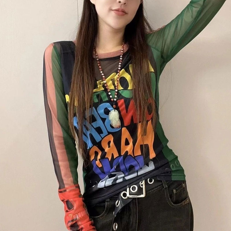Summer Gauze Clothing - 女性のためのセクシーな長袖Tシャツ,カジュアルな文字がプリントされたラウンドネックセーター,女性のためのタッセル付きの新しい春と夏の服