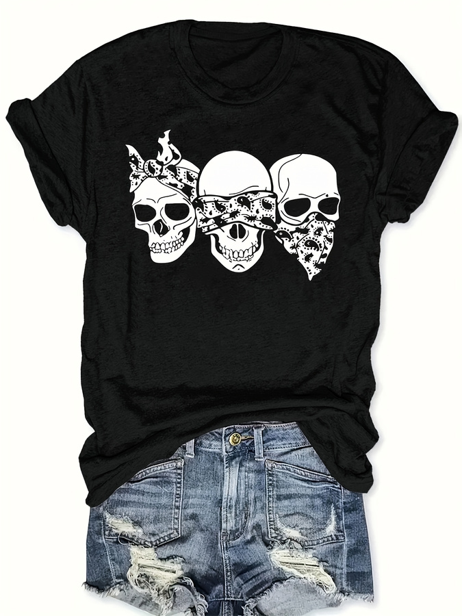Summer Loving Clothing - ハッピーカートゥーンスカルTシャツ、ルーズフィット、ラウンドネック、半袖、女性用ファッショナブルなトップス、ファシ向けのトレンディなストリートウェアスタイル