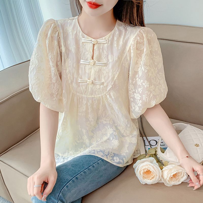 Summer Gauze Clothing - 女性用ランタン半袖Tシャツ、ラウンドネック、ガーゼプルオーバー、カジュアルタイフラワートップ、単色服、エレガント、夏