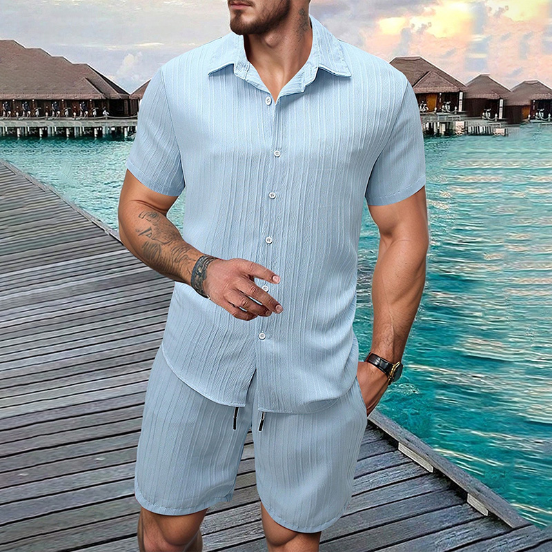 Summer Clothing Guys - 2026年新作 メンズ 縦型シワ加工ラペル半袖シャツ＆ショーツ 2点セット レギュラーフィット 夏