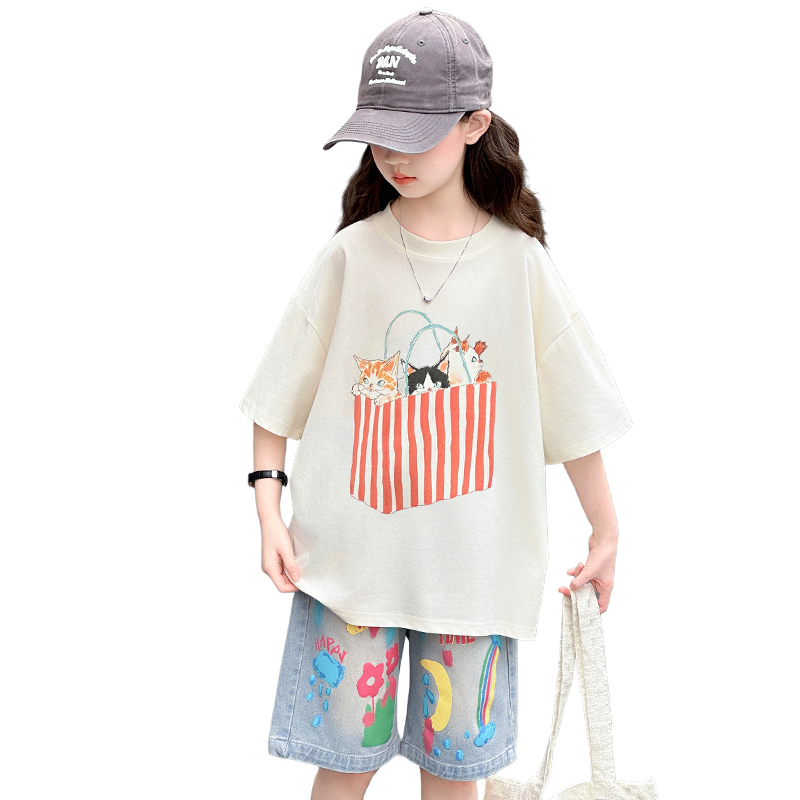 Summer Clothing Drawing - 10代の女の子向け、夏用トップスとボトムスのセット、ドローイングプリント入り、キッズ・子供用コットン服セット、年齢5歳、6歳、7歳、8歳、9歳、10歳、11歳、12歳、13歳、14歳対象