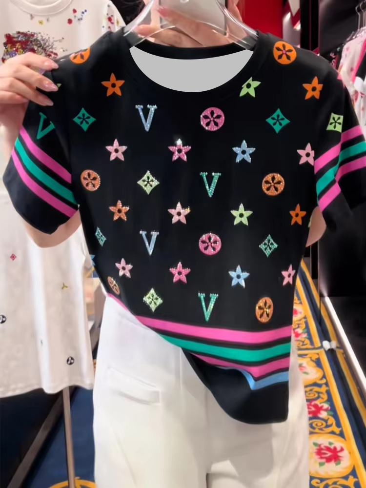 Summer Clothing For 60 Year Old Woman - アメリカンレトロカラープリントストライプ半袖 Tシャツ女性の夏 2025 ファッション Y2k レディース服女性服