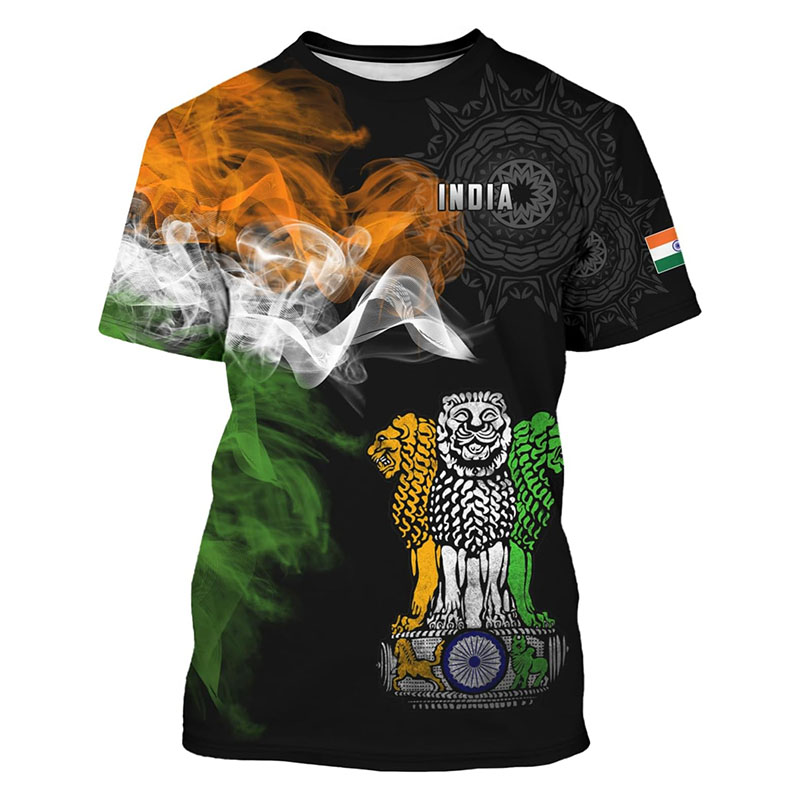 Summer Clothing India - メンズインド国旗プリントTシャツ,クルーネック,半袖Tシャツ,象の3Dパターン,ストリートファッション,トレンド,新品