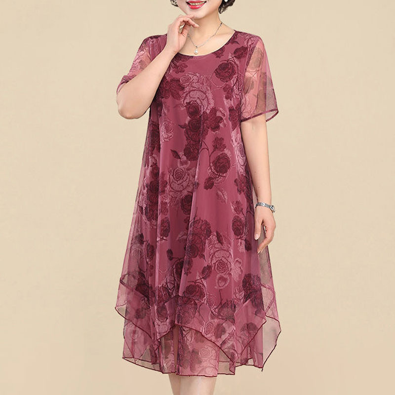 女性のヴィンテージ花柄ミディドレス,ラウンドネック,半袖,ガ - Summer Gauze Clothing のレビューと価格