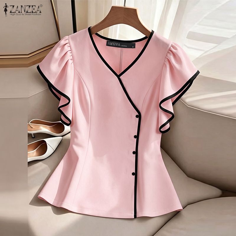 ZANZEA 女性エレガントなコントラストトリムブラウス夏  - Summer Clothing Wear のレビューと価格