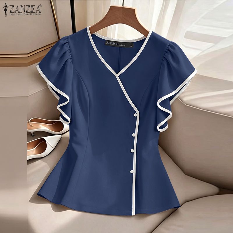 ZANZEA 女性エレガントなコントラストトリムブラウス夏  - Summer Clothing Wear のレビューと価格