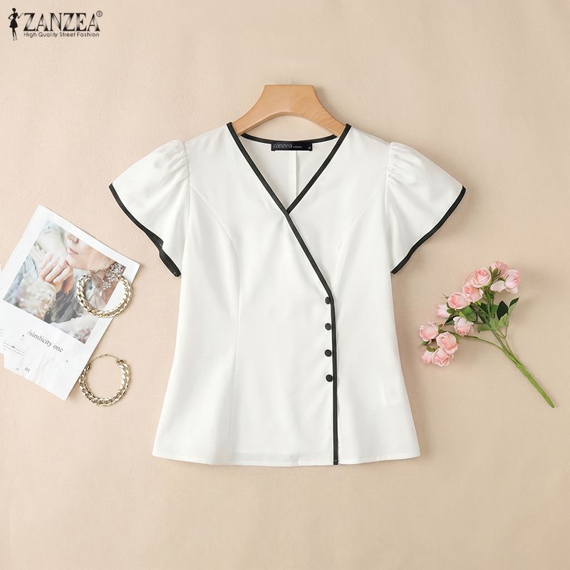 ZANZEA 女性エレガントなコントラストトリムブラウス夏  - Summer Clothing Wear のレビューと価格