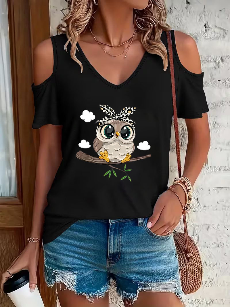 トレンディなカートゥーンフクロウプリントオフショルダーVネッ - Summer Clothing Drop のレビューと価格