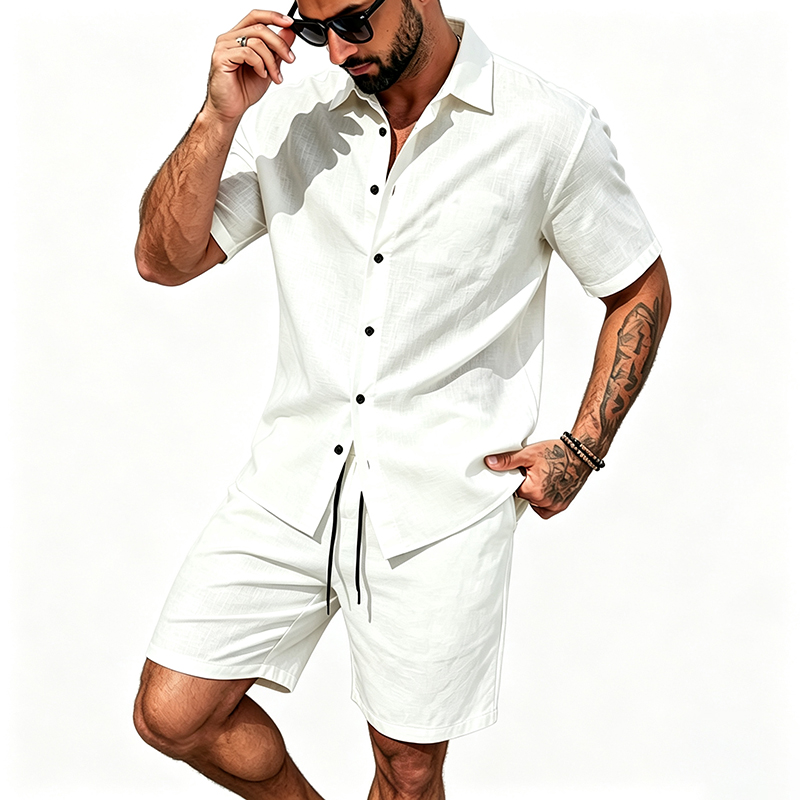 男性リネンツーピース衣装半袖ラペルボタンシャツ弾性ドロースト - Summer Clothing Guys のレビューと価格