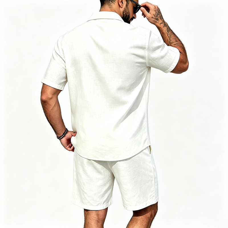 男性リネンツーピース衣装半袖ラペルボタンシャツ弾性ドロースト - Summer Clothing Guys のレビューと価格