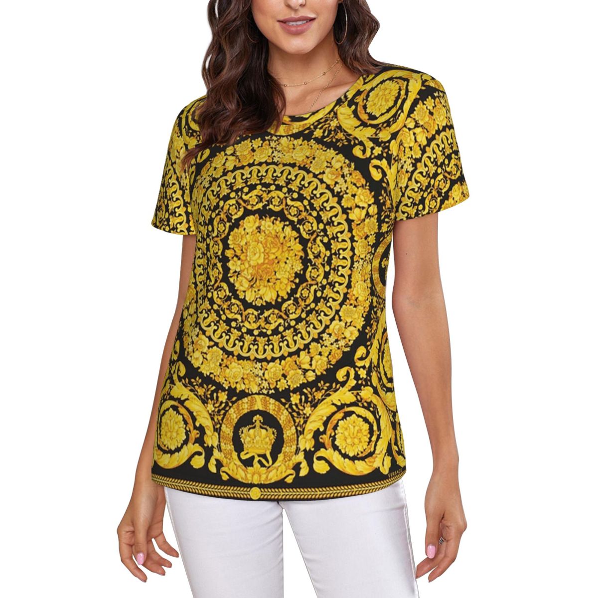 装飾的なゴールデンメダリオンバロック Tシャツ女性半袖 Tシ - Summer Clothing For 60 Year Old Woman のレビューと価格