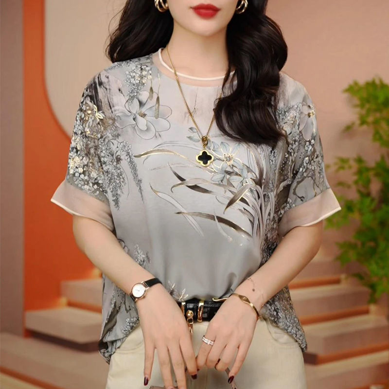 女性服夏のファッション花柄メッシュパッチワークエレガントな  - Summer Gauze Clothing のレビューと価格