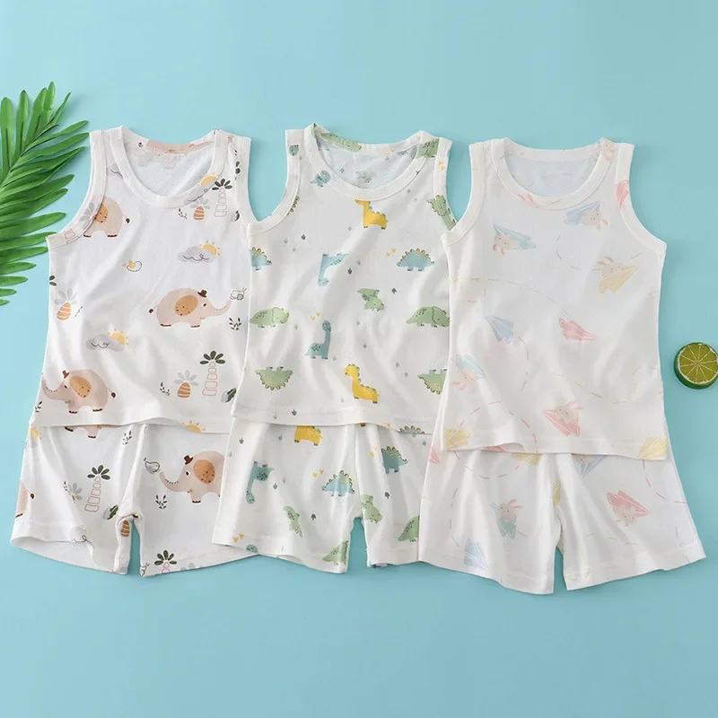 子供竹綿ベストスーツ夏薄いノースリーブ服かわいい漫画プリント - Summer Clothing Baby Boy のレビューと価格