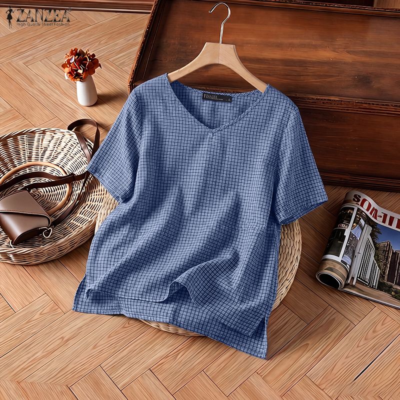 女性用夏用半袖チェック柄ブラウス、Oネック、サイドスリット、 - Summer Clothing Wear のレビューと価格