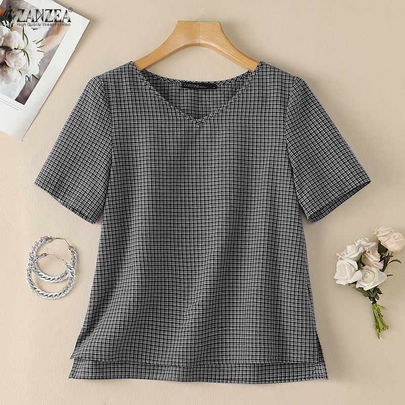 女性用夏用半袖チェック柄ブラウス、Oネック、サイドスリット、 - Summer Clothing Wear のレビューと価格