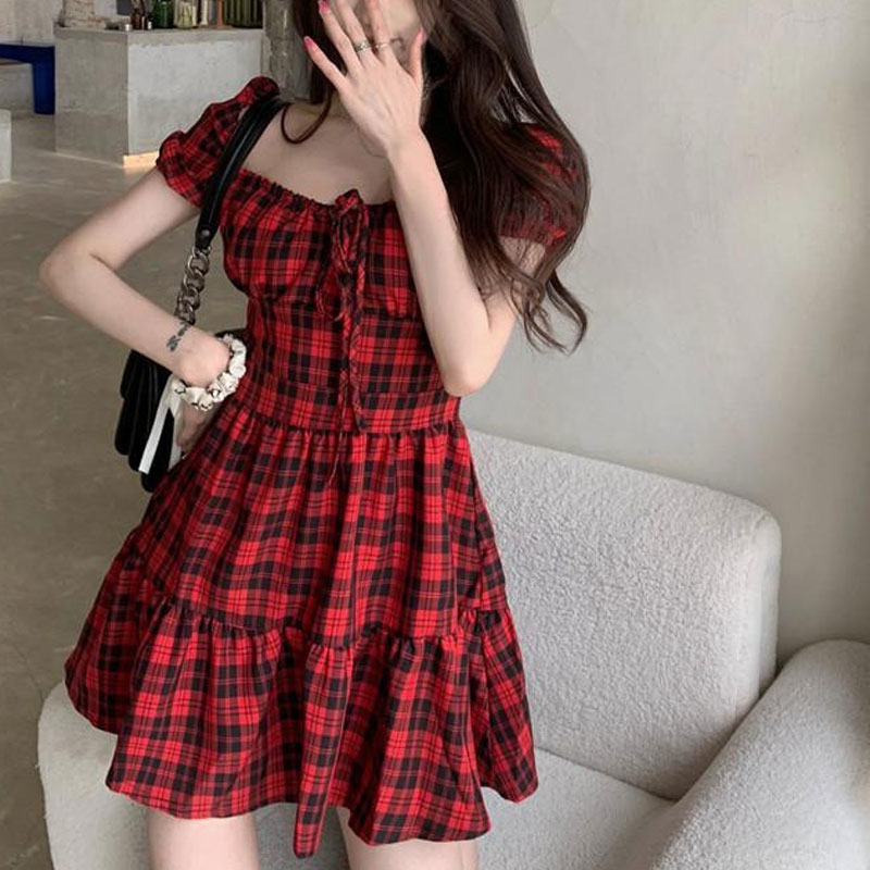 赤いチェック柄ミニドレス婦人服 Hotsweet パフスリー - Summer Clothing Drawing のレビューと価格