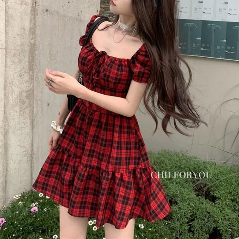 赤いチェック柄ミニドレス婦人服 Hotsweet パフスリー - Summer Clothing Drawing のレビューと価格