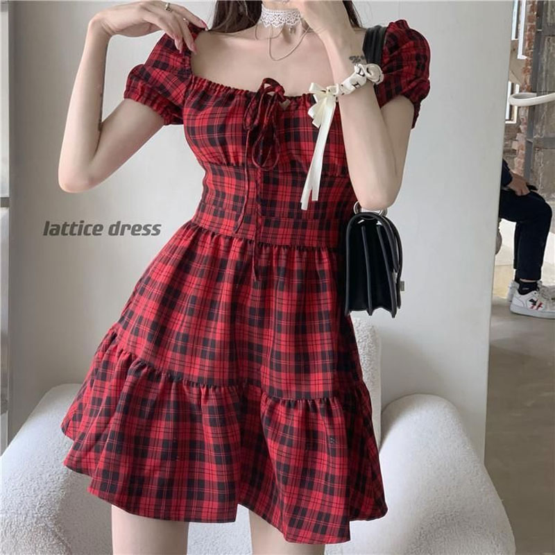 赤いチェック柄ミニドレス婦人服 Hotsweet パフスリー - Summer Clothing Drawing のレビューと価格