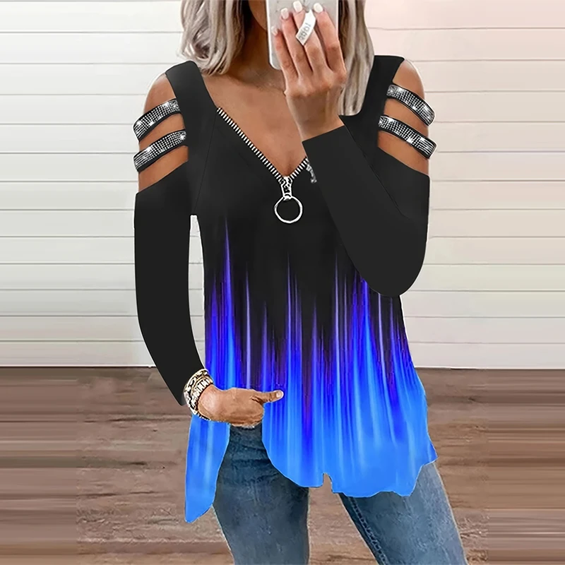 女性用VネックTシャツ,婦人服,裸の肩,ジッパー,グラデーシ - Summer Clothing Drop のレビューと価格