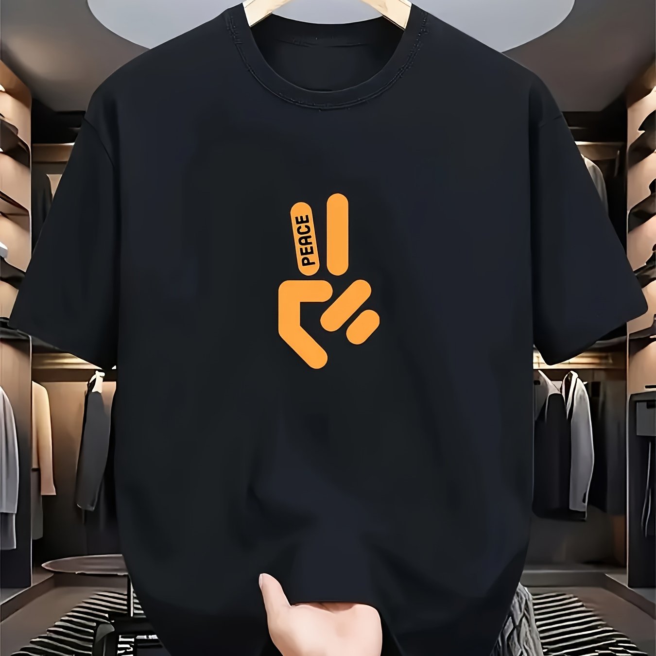 男性用スタイリッシュな黒の半袖Tシャツ、オレンジ色のピースサ - Summer Clothing Essentials Men のレビューと価格