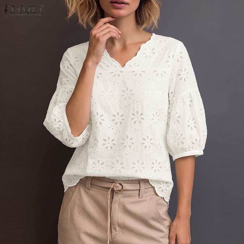 ZANZEA 2026 アイレット刺繍ブラウス女性 V ネッ - Summer Clothing Wear のレビューと価格